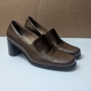 Anne Klein Brown Leather Slip On Heeled Loafer Women's 10M